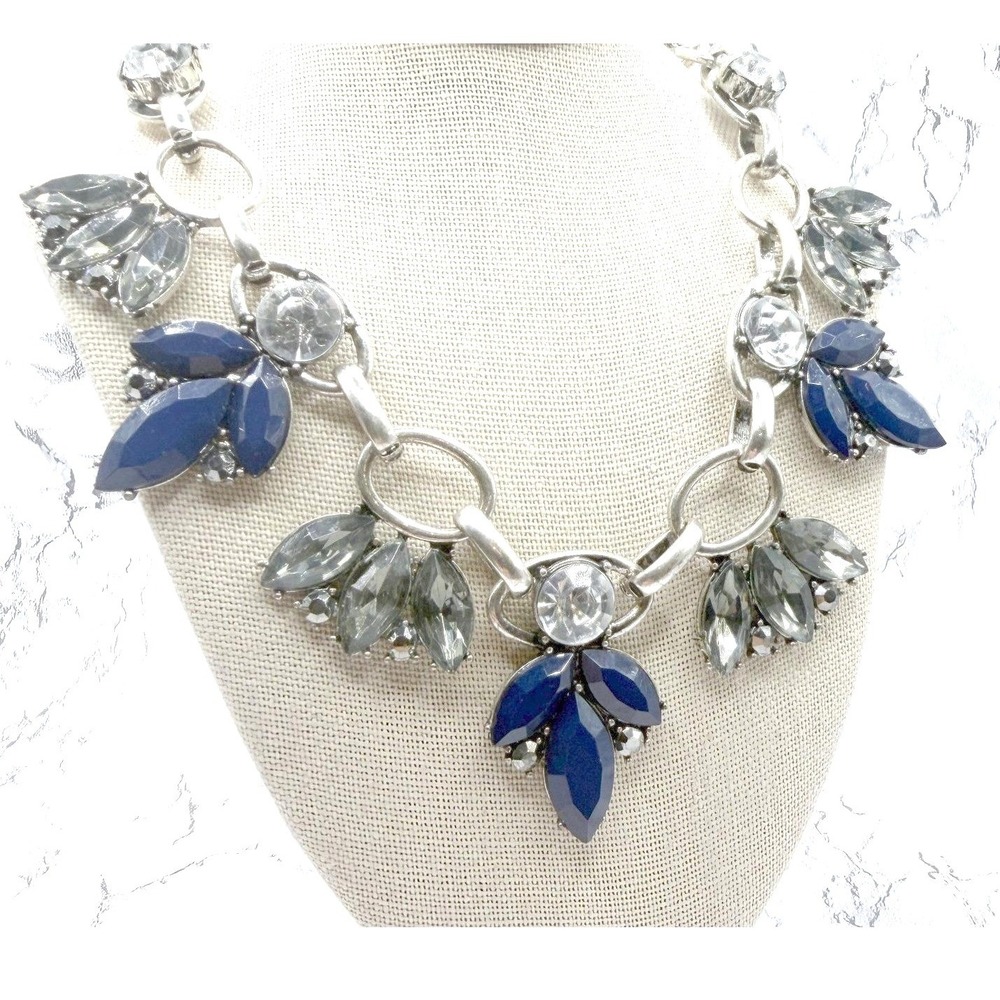 Navy Blue Gray Rhinestone‎ Bib Necklace Silver Tone Floral Statement 16"